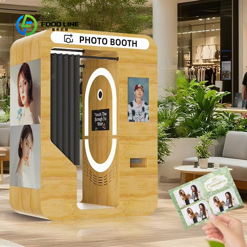 Photo Booth Machine - カスタマイズ可能なポータブル木製バー、ヴィンテージフォトブースキオスク、密閉型フォトブースマシン、プリント代金込みフォト自動販売機